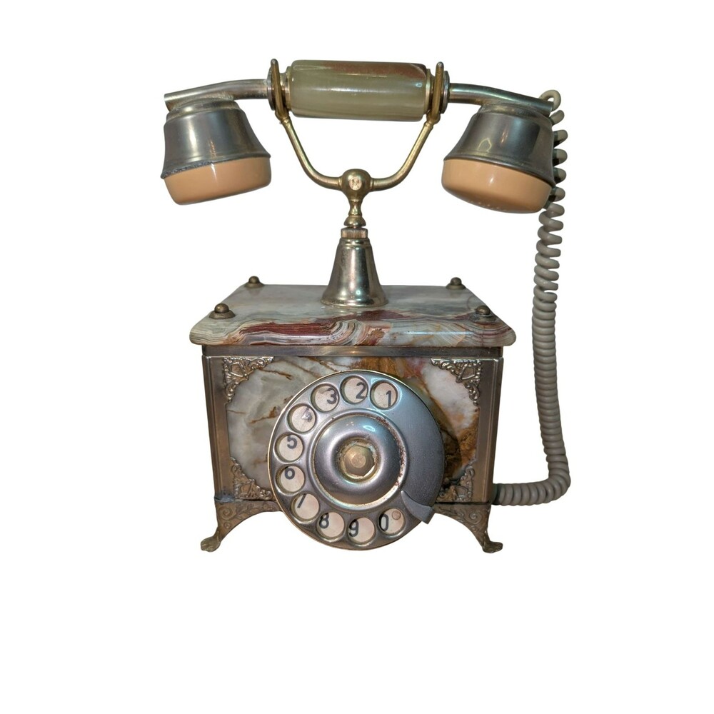 Vintage Italian Ornate Rotary Desk Phone - Marble Base - Brass-Tone - Untested